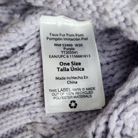 Faux Fur Removeable Pom-Pom Gray & Black on Purple Cable Knit Cuffed Beanie OSFM - Picture 8 of 9
